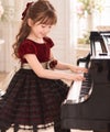 子供服 女の子 バラリボン付きボーダー柄チュール＆ベロア切り替え エンジ(31) モデル画像4