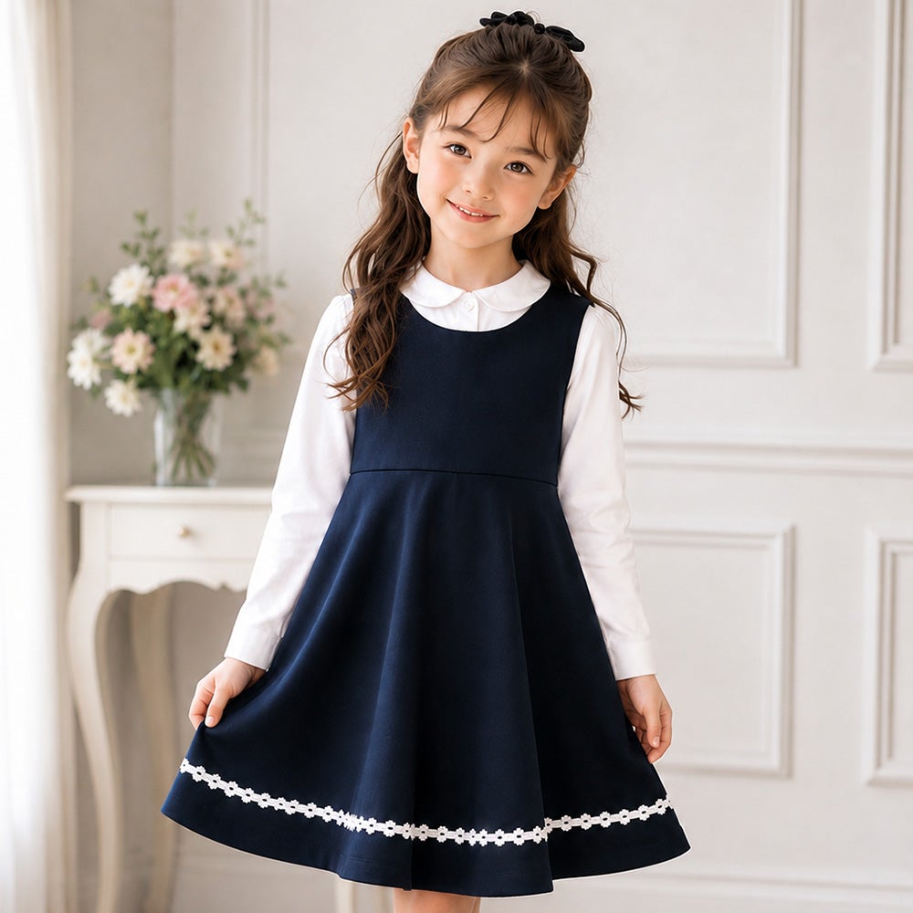 子供服 女の子 カジュアル 普段着 通学 通学着 裾お花レースフレアワンピース