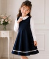 子供服 女の子 カジュアル 普段着 通学 通学着 裾お花レースフレアワンピース 紺(06) モデル画像アップ