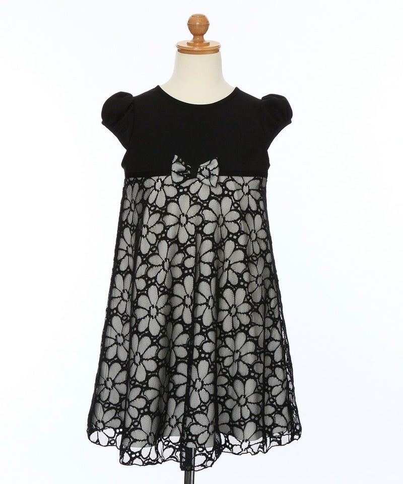 お花モチーフ付き重ね着風チュール切り替えドレス