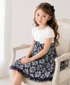 子供服 女の子 日本製お花レース 切替え ワンピース ホワイト×ネイビー(17) モデル画像1