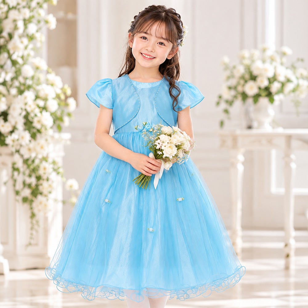 子供服 女の子 お花モチーフ付き重ね着風チュール切り替えドレス