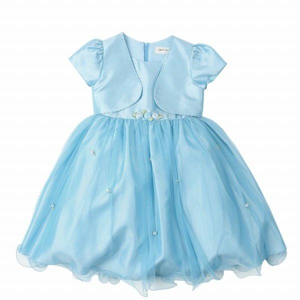 子供服 女の子 お花モチーフ付き重ね着風チュール切り替えドレス ブルー(61) 正面