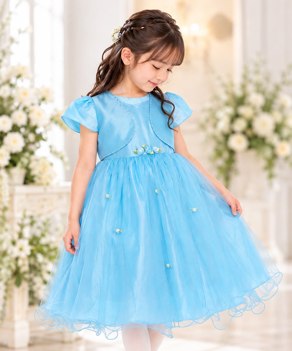 子供服 女の子 お花モチーフ付き重ね着風チュール切り替えドレス ブルー(61) モデル画像アップ