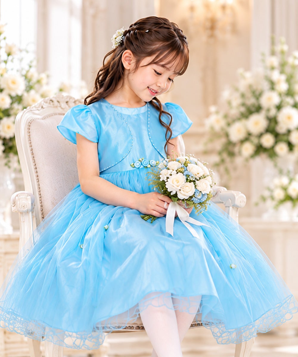子供服 女の子 お花モチーフ付き重ね着風チュール切り替えドレス ブルー(61) モデル画像1