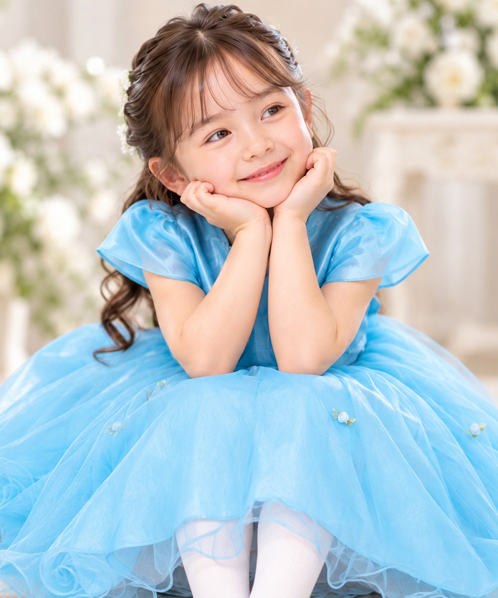 子供服 女の子 お花モチーフ付き重ね着風チュール切り替えドレス ブルー(61) モデル画像4