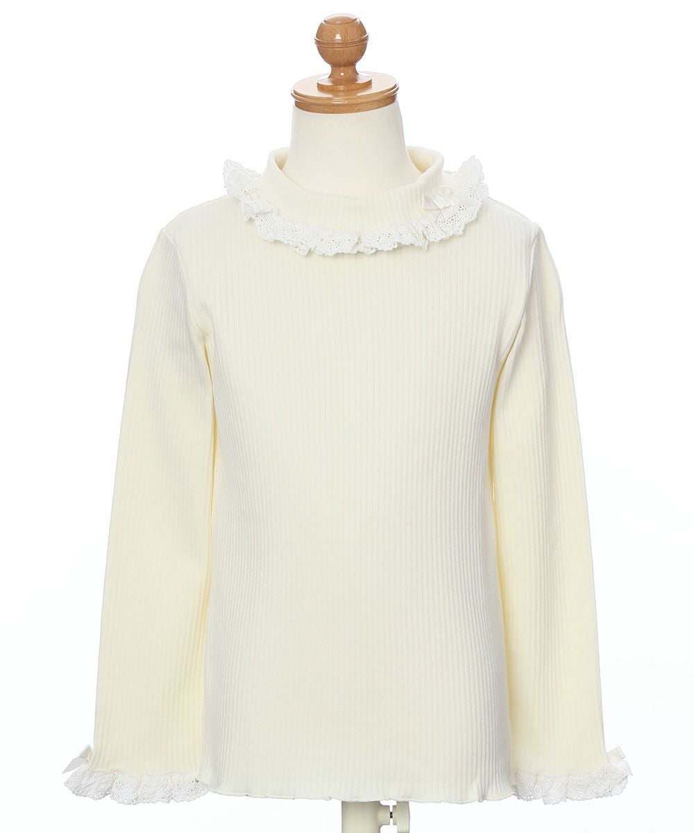子供服 女の子 綿100％リブレース＆リボン付きタートルネックインナーTシャツ オフホワイト(11) トルソー正面