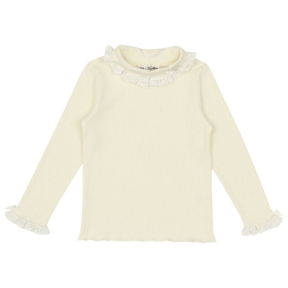 子供服 女の子 綿100％リブレース＆リボン付きタートルネックインナーTシャツ オフホワイト(11) 正面