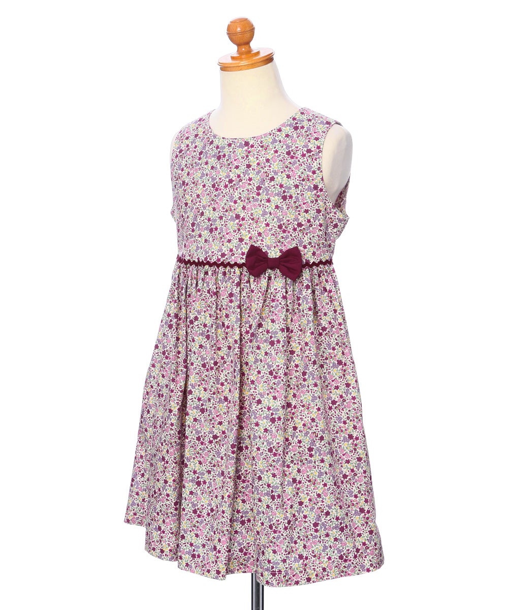 ベビー服 女の子 発表会　結婚式 日本製綿100％小花柄リボン付きギャザー ピンク(02) トルソー斜め