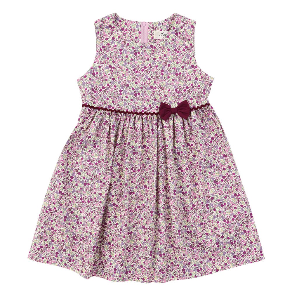 ベビー服 女の子 発表会　結婚式 日本製綿100％小花柄リボン付きギャザー ピンク(02) 正面