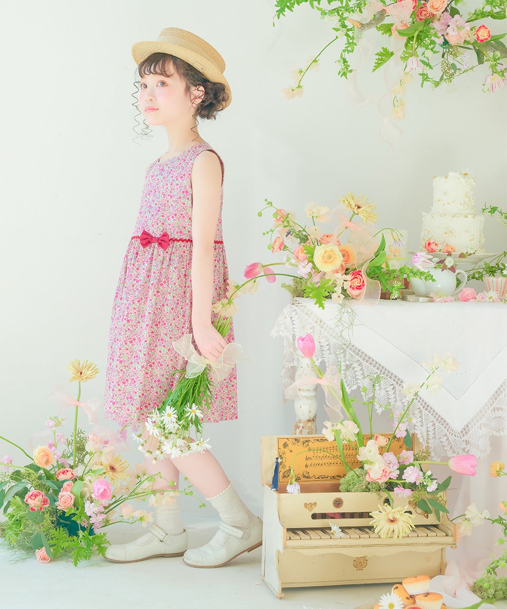 ベビー服 女の子 発表会　結婚式 日本製綿100％小花柄リボン付きギャザー ピンク(02) モデル画像3