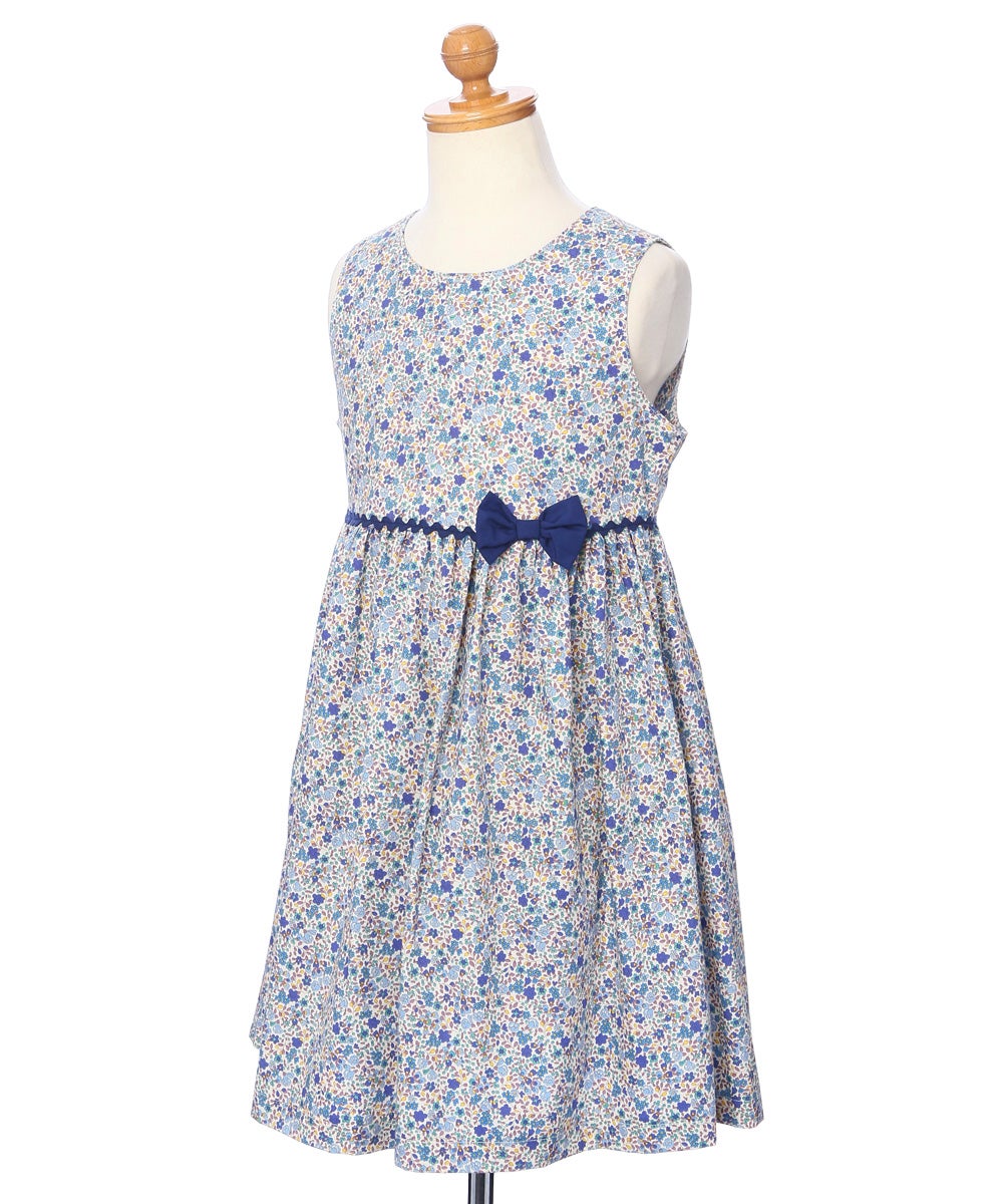 ベビー服 女の子 発表会　結婚式 日本製綿100％小花柄リボン付きギャザー ブルー(61) トルソー斜め