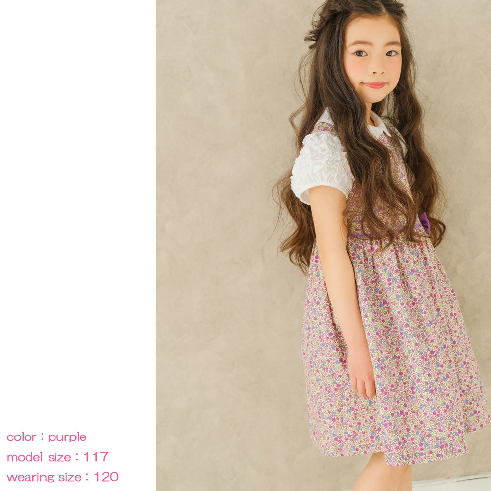 ベビー服 女の子 発表会　結婚式 日本製綿100％小花柄リボン付きギャザー