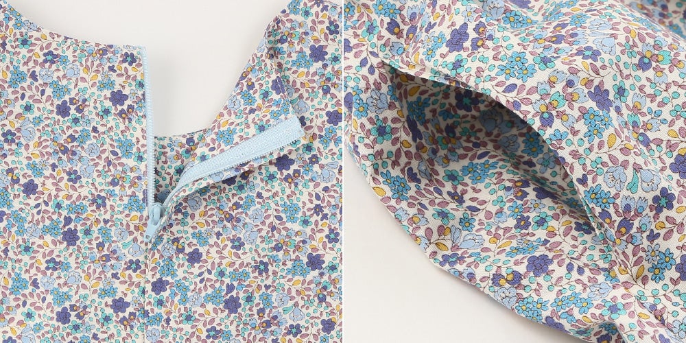 ベビー服 女の子 発表会　結婚式 日本製綿100％小花柄リボン付きギャザー ブルー(61) デザインポイント2