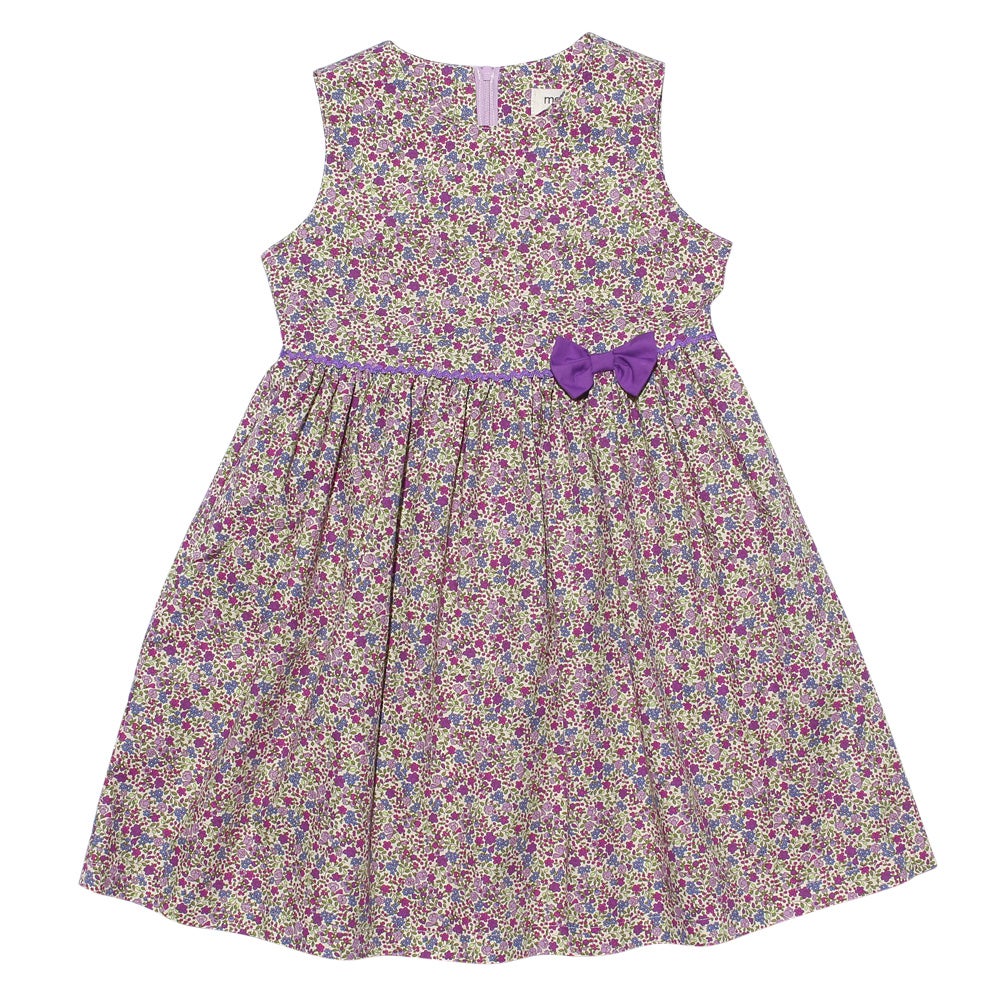 ベビー服 女の子 発表会　結婚式 日本製綿100％小花柄リボン付きギャザー パープル(91) 正面