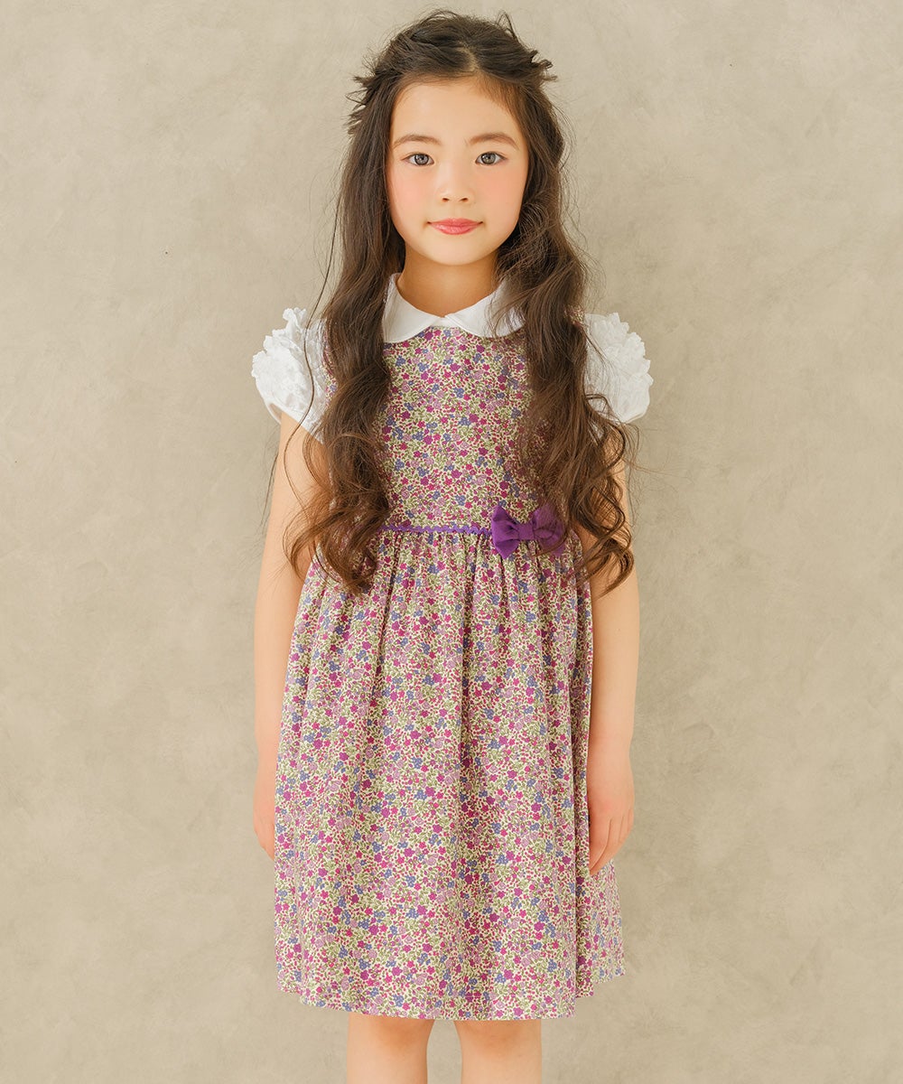 ベビー服 女の子 発表会　結婚式 日本製綿100％小花柄リボン付きギャザー パープル(91) モデル画像1