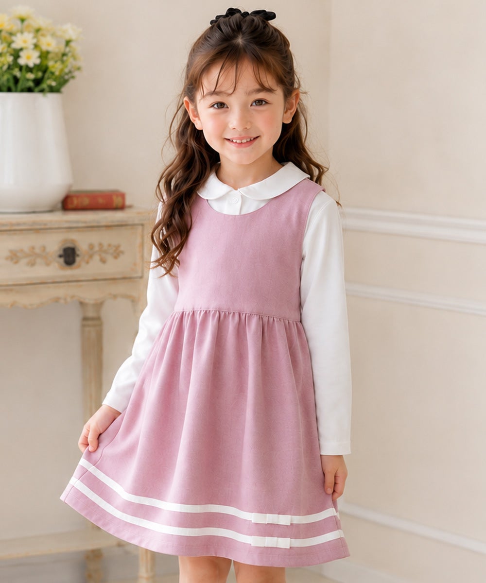 子供服 女の子 日本製ライン入り リボンつきワンピース ピンク(02) モデル画像アップ