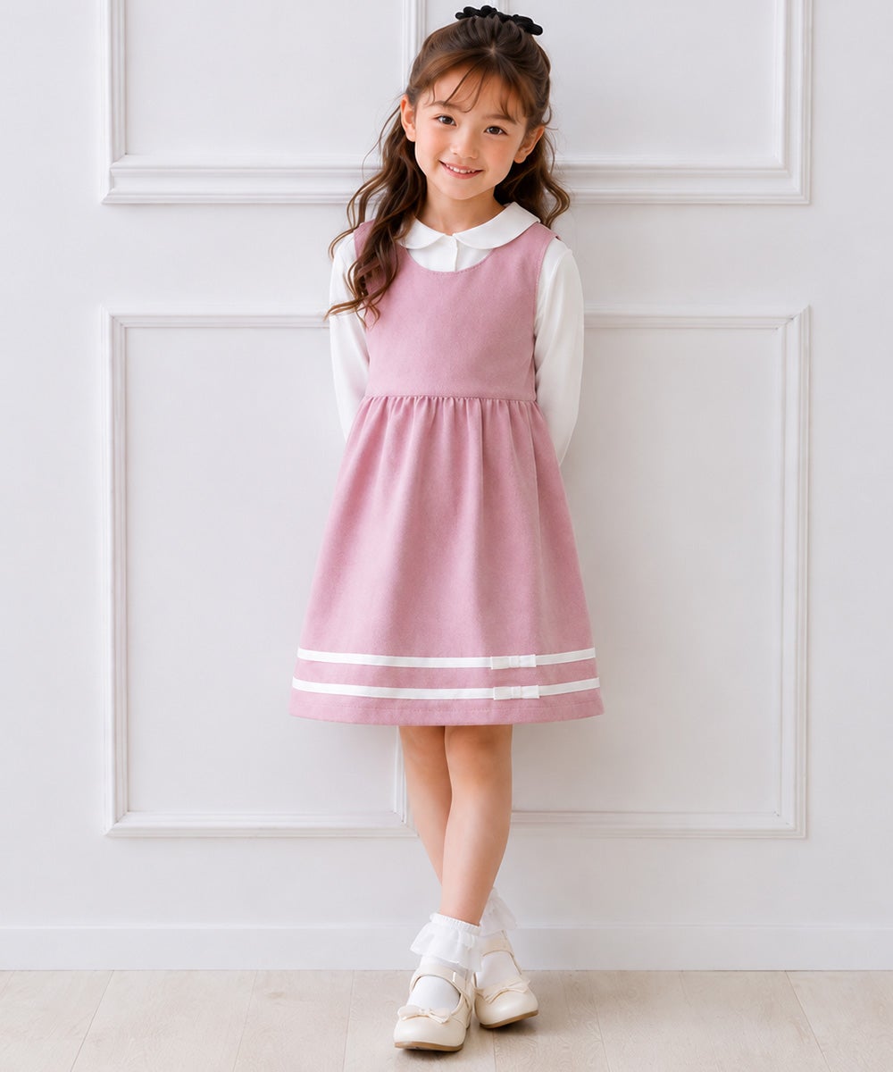 子供服 女の子 日本製ライン入り リボンつきワンピース ピンク(02) モデル画像全身