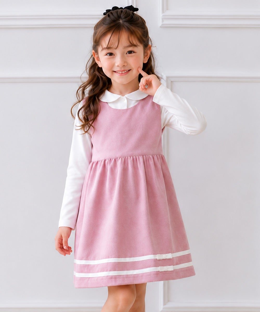 子供服 女の子 日本製ライン入り リボンつきワンピース ピンク(02) モデル画像1