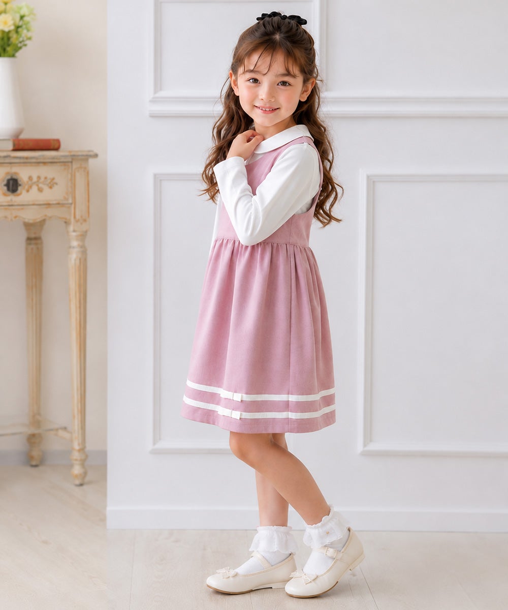 子供服 女の子 日本製ライン入り リボンつきワンピース ピンク(02) モデル画像2