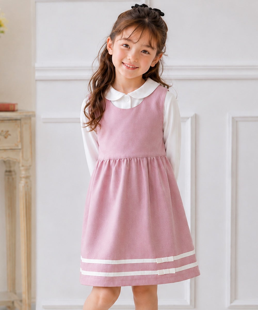 子供服 女の子 日本製ライン入り リボンつきワンピース ピンク(02) モデル画像3