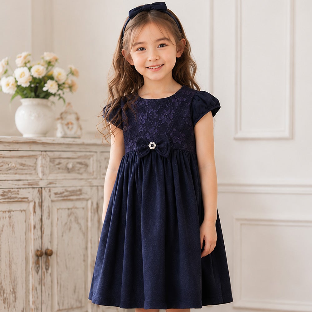 子供服 女の子 日本製花柄レースリボンブローチ付きワンピース