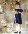 子供服 女の子 ダブルニットお花つき丸襟ワンピース ネイビー(06) モデル画像アップ