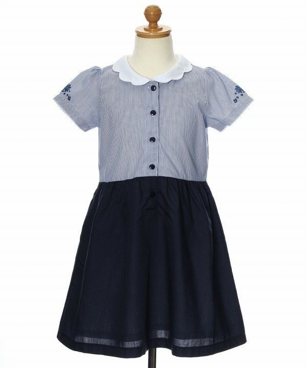 子供服 女の子 ストライプ柄スカラップ襟つきドッキングワンピース ブルー(61) トルソー正面
