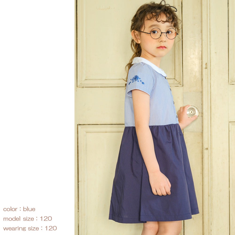 子供服 女の子 ストライプ柄スカラップ襟つきドッキングワンピース