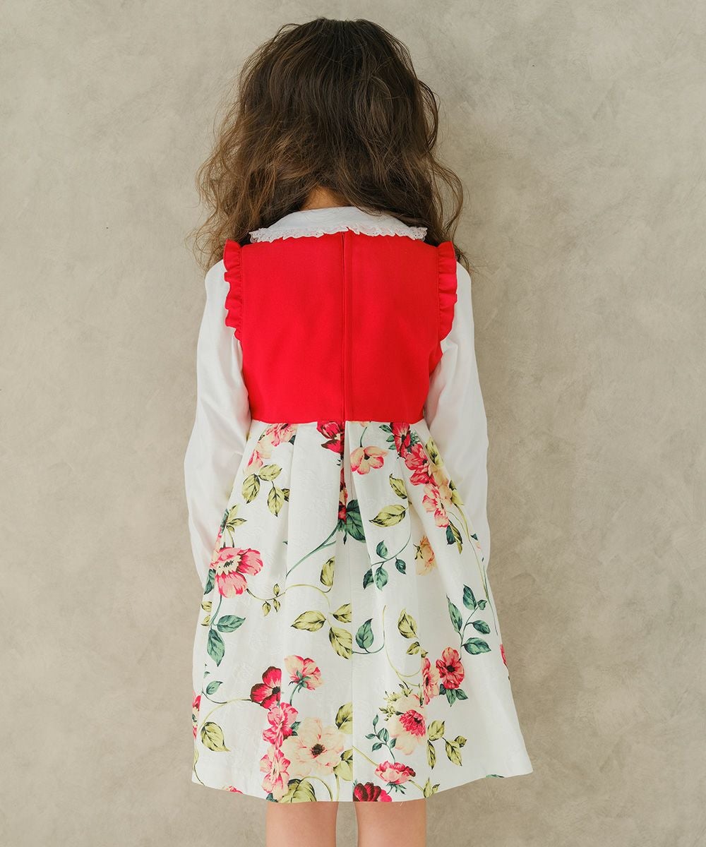 子供服 女の子 日本製花柄切り替えフリルつきワンピース レッド(03) モデル画像3