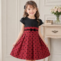 子供服 女の子 日本製ドット柄切り替えリボン付きプリーツ風ワンピース