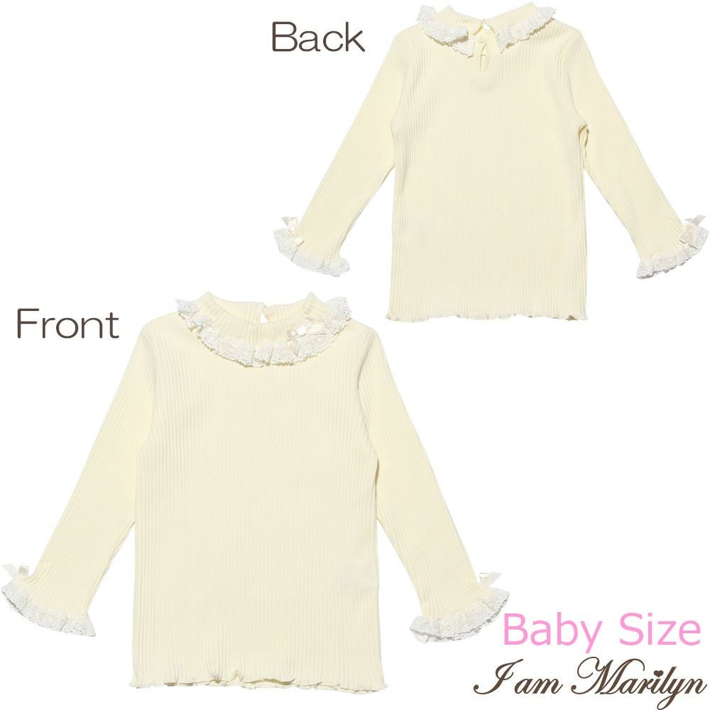 ベビー服 女の子 ベビーサイズ綿100％レース＆リボン付きタートルネックTシャツ