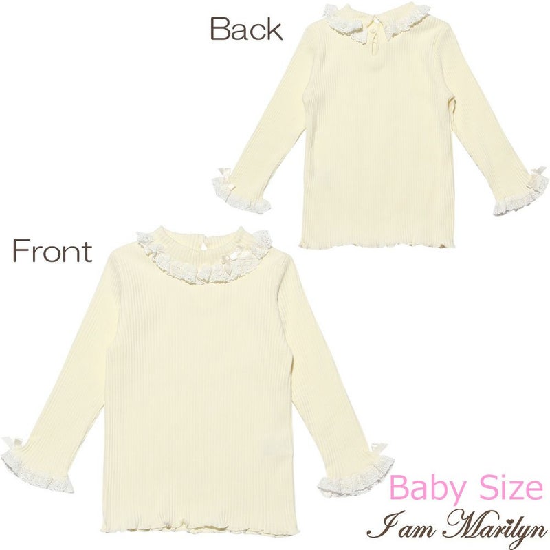 ベビー服 女の子 ベビーサイズ綿100％レース＆リボン付きタートルネックTシャツ