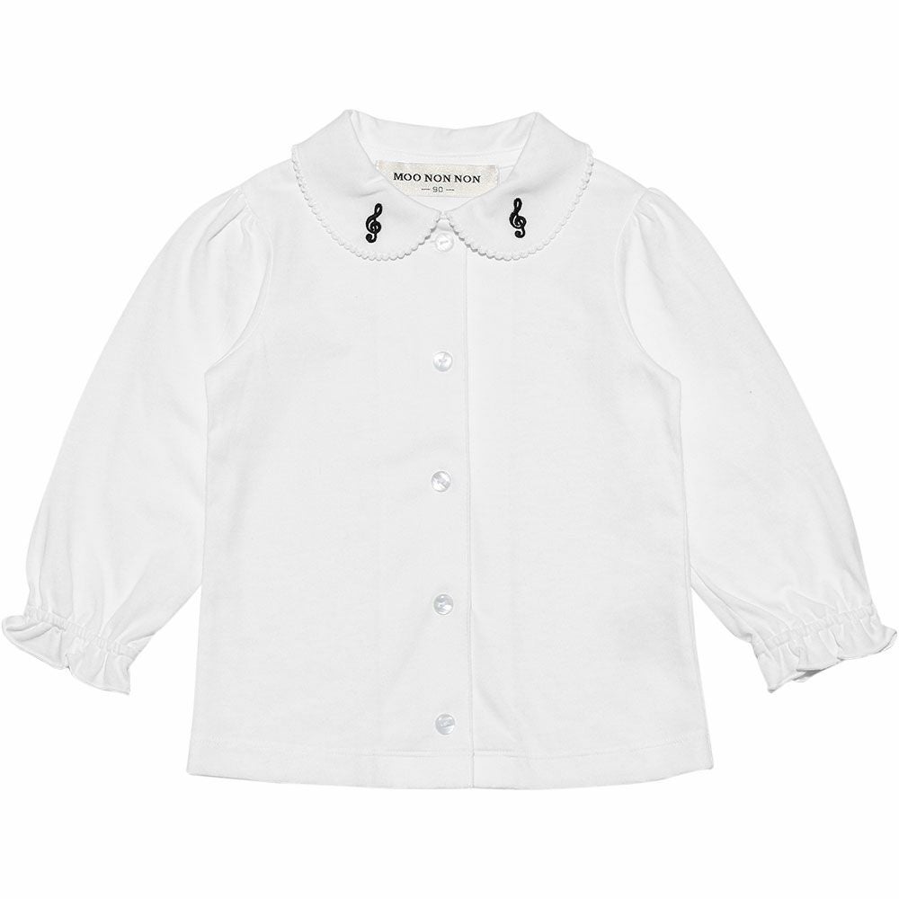 ベビー服 女の子 ベビーサイズ綿100％音符刺繍襟付きブラウス ホワイト(01) 正面