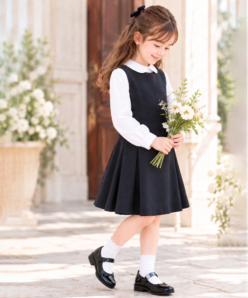 子供服 女の子 日本製ウエスト切り替えタックワンピース ネイビー(06) モデル画像1