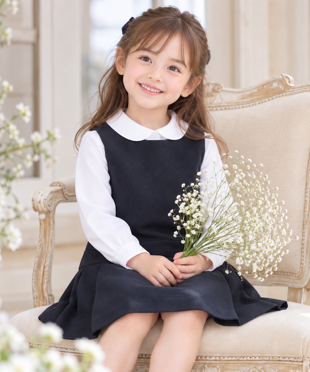 子供服 女の子 日本製ウエスト切り替えタックワンピース ネイビー(06) モデル画像2