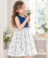 子供服 女の子 日本製花柄リボン＆裏地つきギャザーワンピース ブルー(61) モデル画像1
