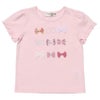 子供服 女の子 綿100％リボンプリント＆リボン付きラインストーンフリル袖 ピンク(02) 正面
