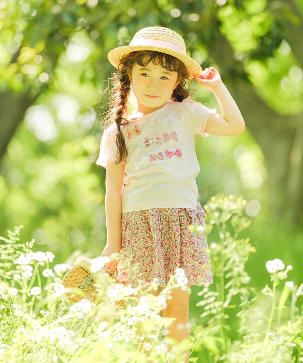 子供服 女の子 綿100％リボンプリント＆リボン付きラインストーンフリル袖 ピンク(02) モデル画像1