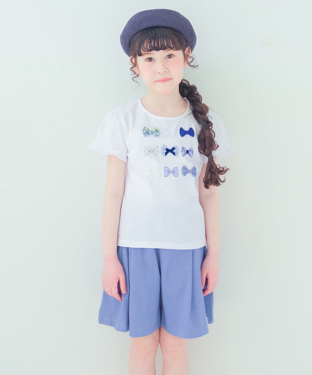 子供服 女の子 綿100％リボンプリント＆リボン付きラインストーンフリル袖 オフホワイト(11) モデル画像3