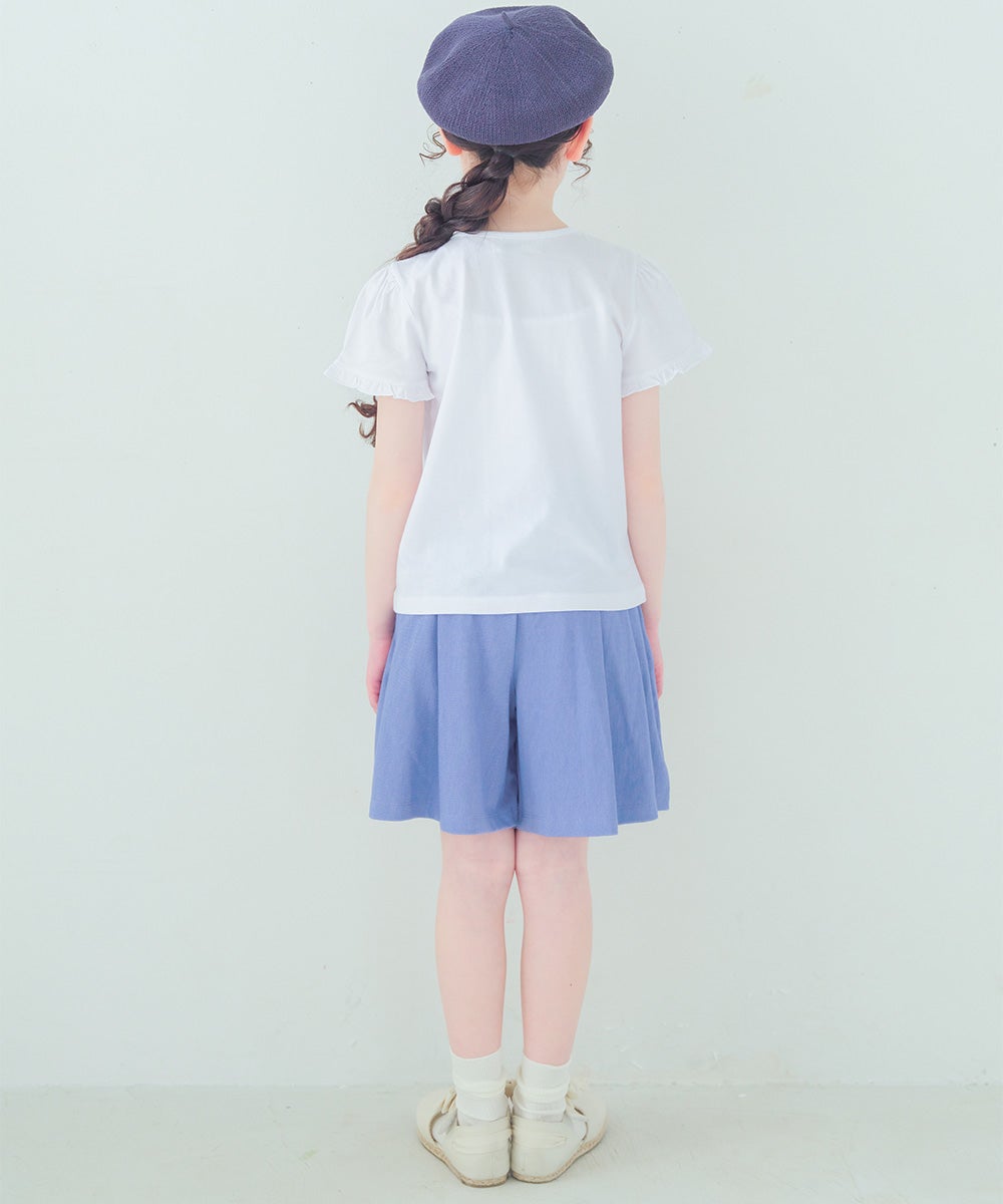 子供服 女の子 綿100％リボンプリント＆リボン付きラインストーンフリル袖 オフホワイト(11) モデル画像4
