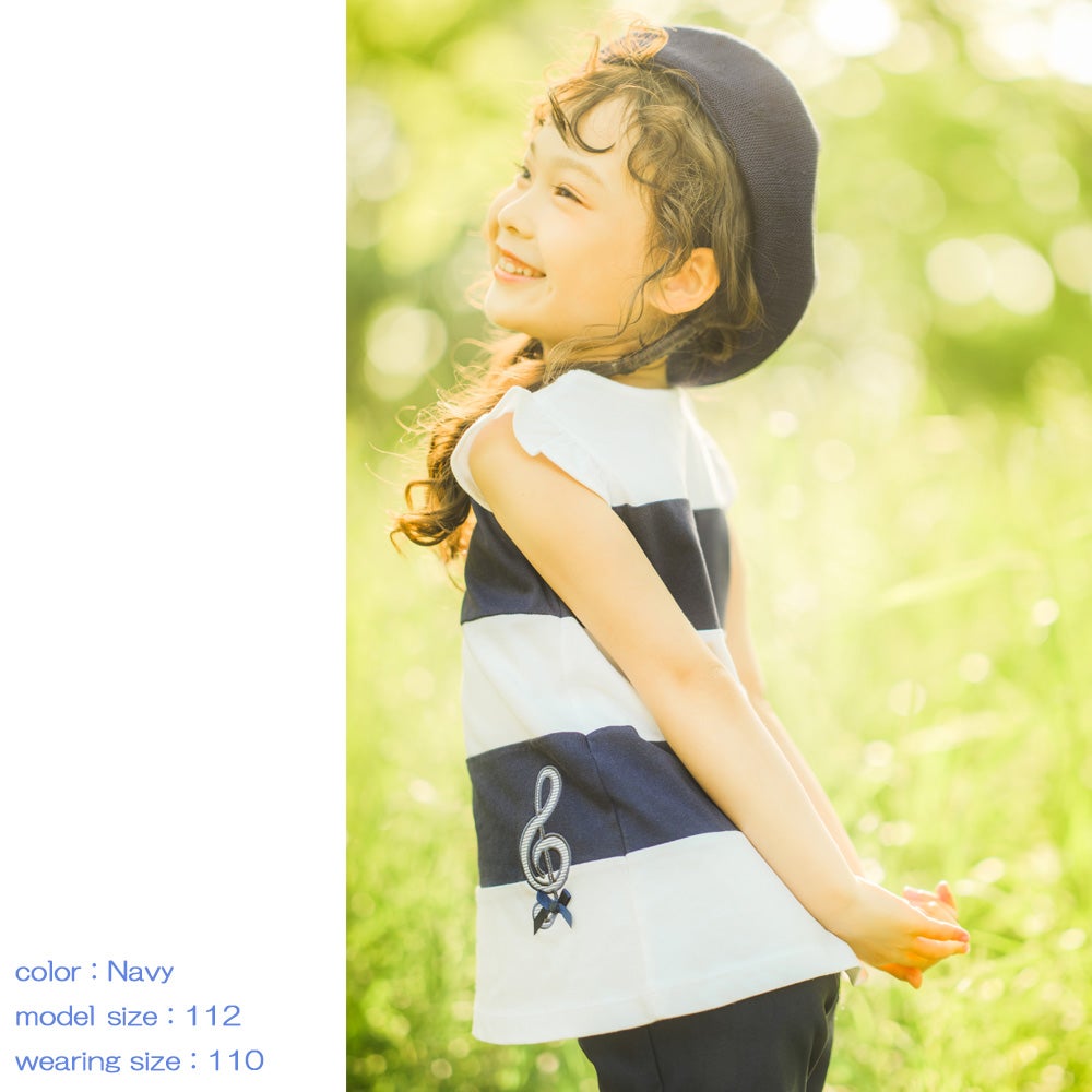 子供服 女の子 綿100％ボーダー切替音符モチーフTシャツ