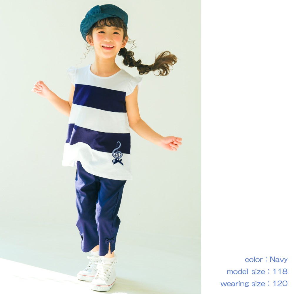 子供服 女の子 綿100％ボーダー切替音符モチーフTシャツ