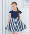 子供服 女の子 日本製綿100％ボーダー柄切り替えワンピース ネイビー(06) モデル画像1