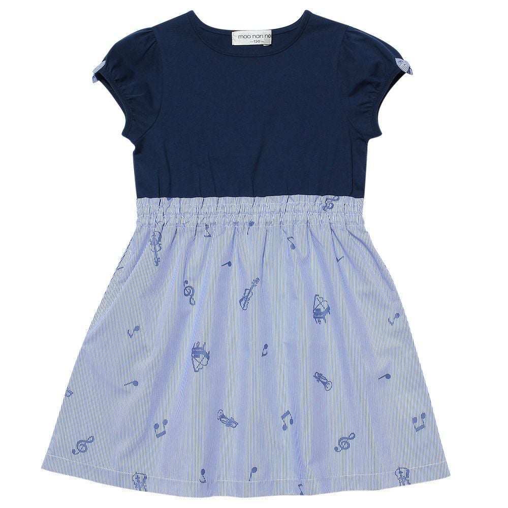 子供服 女の子 リボン付きストライプ×音符柄ドッキングワンピース ネイビー(06) 正面