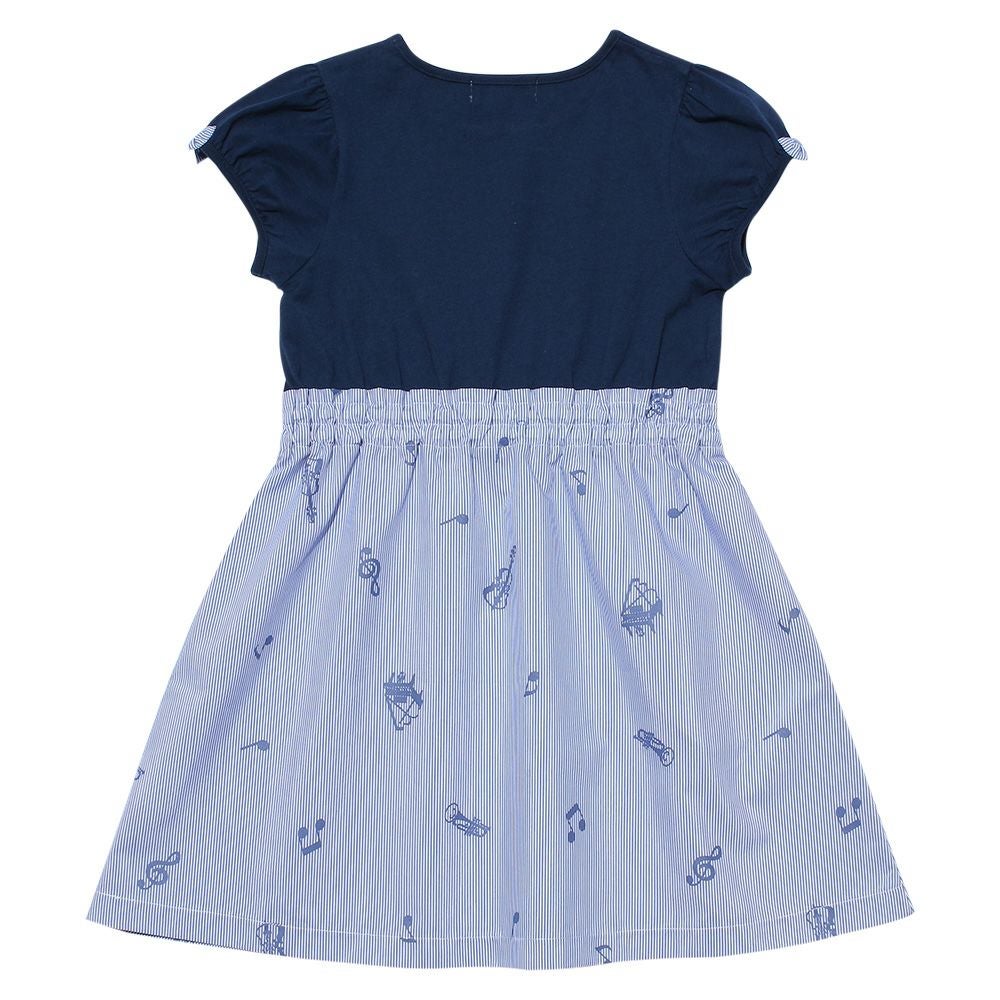 子供服 女の子 リボン付きストライプ×音符柄ドッキングワンピース ネイビー(06) 背面