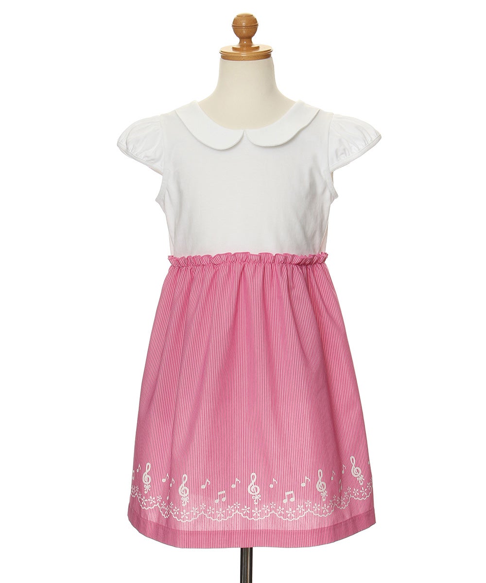 ベビー服 女の子 ストライプ柄音符プリント襟付きドッキングワンピース ピンク(02) トルソー背面