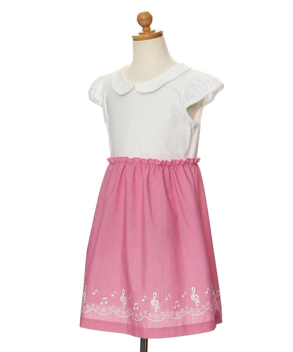 ベビー服 女の子 ストライプ柄音符プリント襟付きドッキングワンピース ピンク(02) トルソー斜め