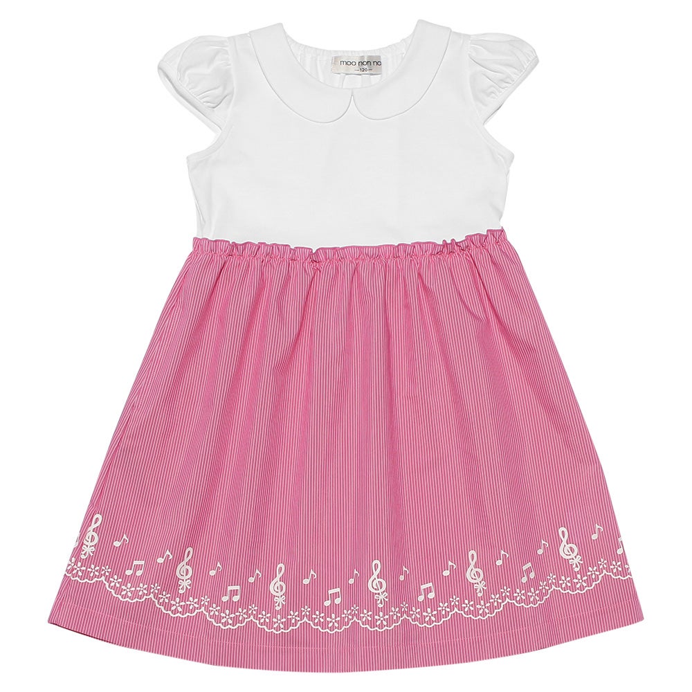 ベビー服 女の子 ストライプ柄音符プリント襟付きドッキングワンピース ピンク(02) 正面