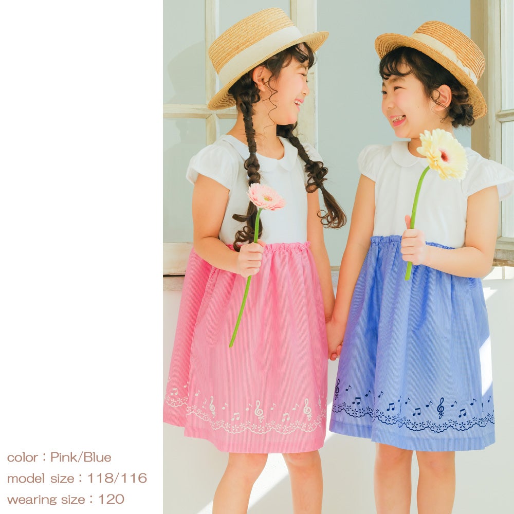 ベビー服 女の子 ストライプ柄音符プリント襟付きドッキングワンピース